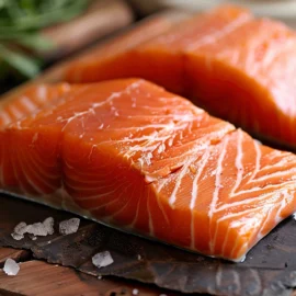 Wild-caught Alaskan Salmon filets on a cutting board