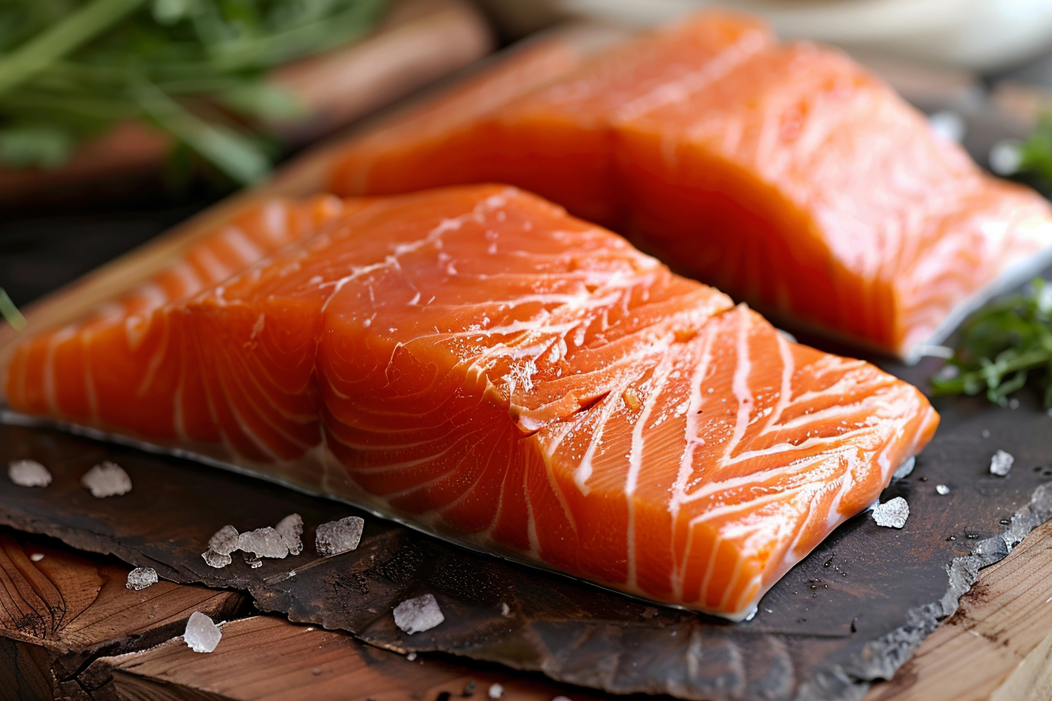 Wild-caught Alaskan Salmon filets on a cutting board