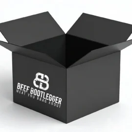 Black shipping box branded with the Beef Bootlegger logo