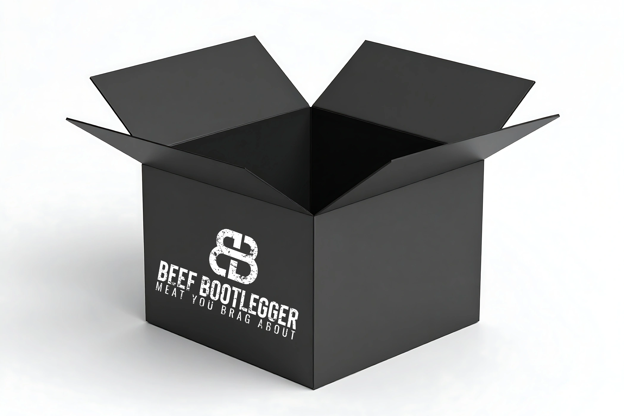 Black shipping box branded with the Beef Bootlegger logo