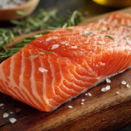 Uncooked Atlantic salmon filet on a cutting board