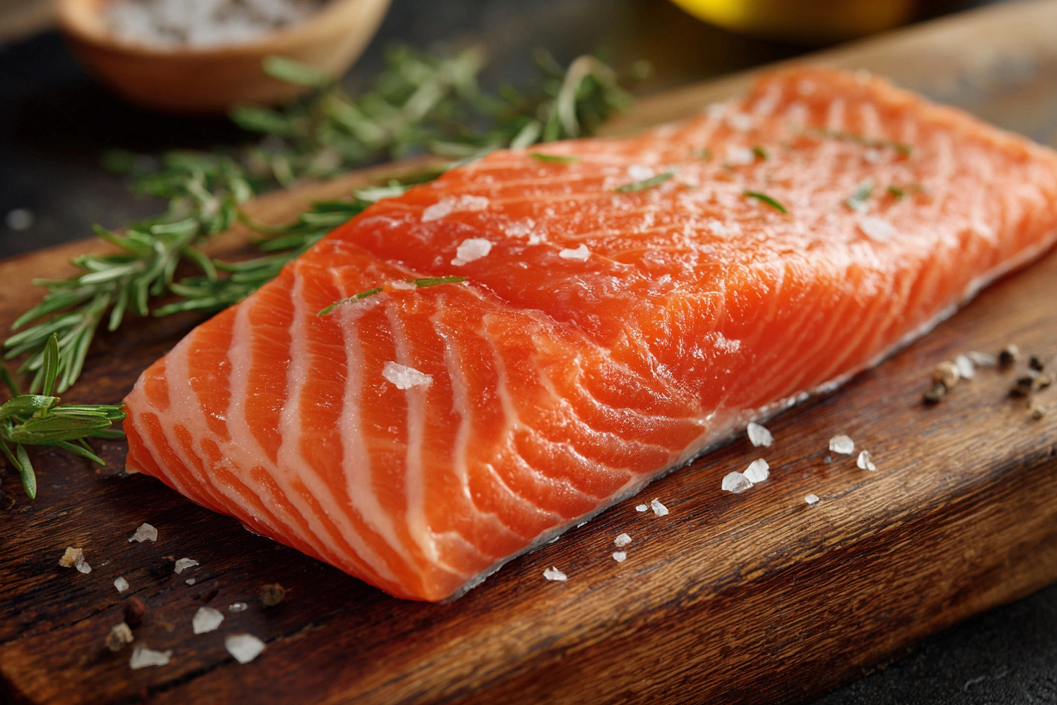 Uncooked Atlantic salmon filet on a cutting board
