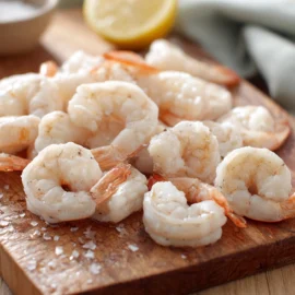 White wild-caught shrimp on a cutting board